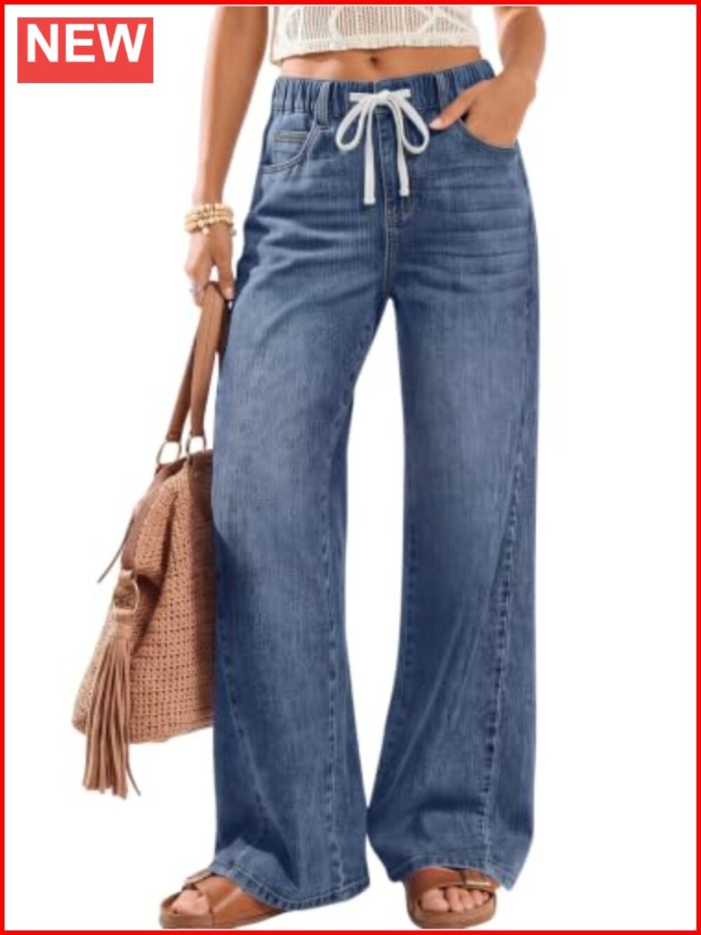 Wide Leg Jeans High Waisted Pull On Stretch Denim Drawstring Baggy
